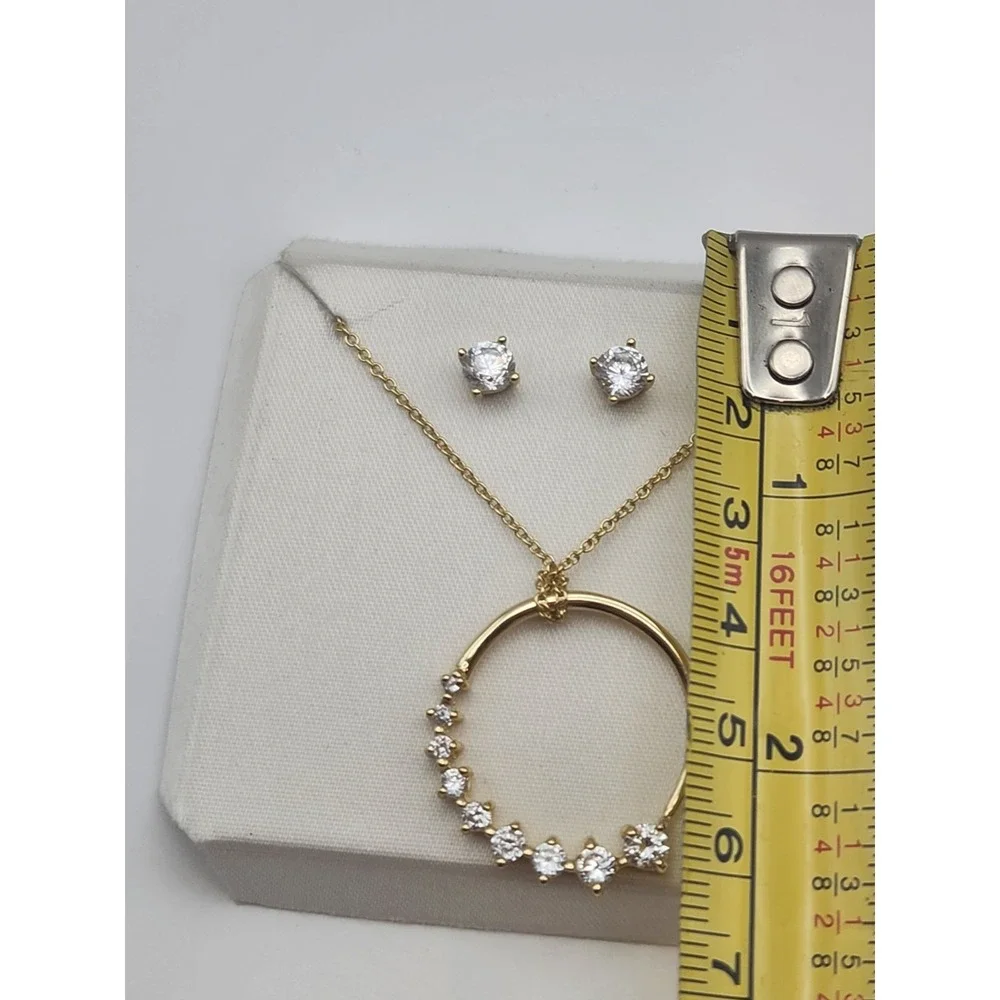 Gold Tone 925 Sterling Silver Cubic Zirconia Circle‎ Necklace and Earring Set - Picture 3 of 3